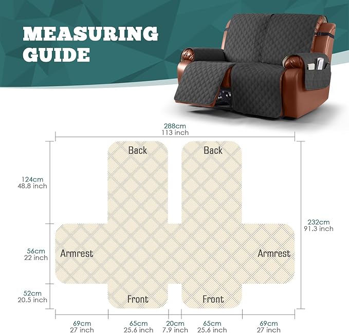 Ruaozz Waterproof Recliner Sofa Covers, 1-Piece Reclining Couch Covers Non-Slip Sofa Slipcover Washable Furniture Protector with Elastic Straps Pocket for Kids Pets (Charcoal Grey, 2 Seater)