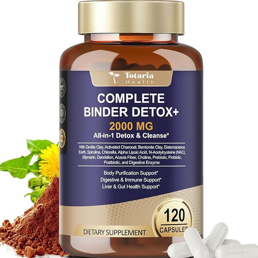 Totaria 2000MG Complete Binder Detox+ Activated Charcoal, Zeolite, Bentonite Clay, NAC, Milk Thistle, Probiotic, All-in-1 Detox & Cleanse Supplement, Liver & Gut Support, 120 Counts