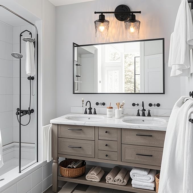 Modern 2-Light Bathroom Vanity Light Fixtures, Black Bathroom Lights Over Mirror with Grey Glass Shade, E26 Glass Wall Sconce for Kitchen, Bedroom, Hallway, Living Room