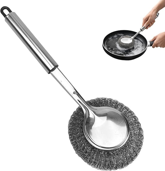 Long Handle Steel Wool Scrubber, Stainless Steel Pot & Pan Scrubber with Replaceable Scouring Ball, Heavy Duty Cast Iron Cleaner for Skillets, Griddles & Cookware (Silver / 1 Pack)