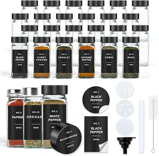 Spice Jars with Label, 24pcs 4oz Glass Spice Jars with Black Lids, Square Spice Containers with 304 Labels and Shaker Inserts, Empty Seasoning Bottles for Drawer, Cabinet, Seasoning Organizer