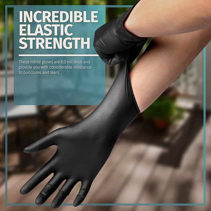 Glove Station Nitrile Disposable Gloves - Powder-Free, Latex-Free, Textured Grip, Food Grade Rated Household Gloves - Ideal for Cleaning, Cooking Use -Black - 6MIL - SM (100 Count)