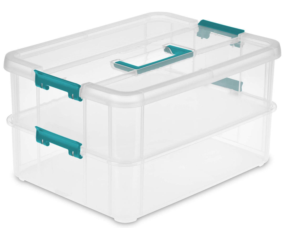 Sterilite 1427CLR Stack & Carry - 2 Layer Box, Clear Lid & Blue - Image 1