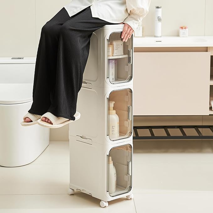 4-Tier Narrow Storage Cabinet with Magnetic Doors and Shelves, Plastic Slim Bathroom Organizers and Storage with Wheels for Small Spaces Bathroom, Kitchen, White