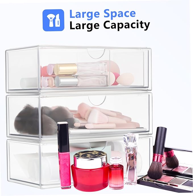 GLEAVI 3Pcs Transparent Makeup Organizer Box Stylish Lipstick Holder Cotton Swab Storage Divided Design with Lid for Easy Access Cleanliness for Bathroom Bedroom Use