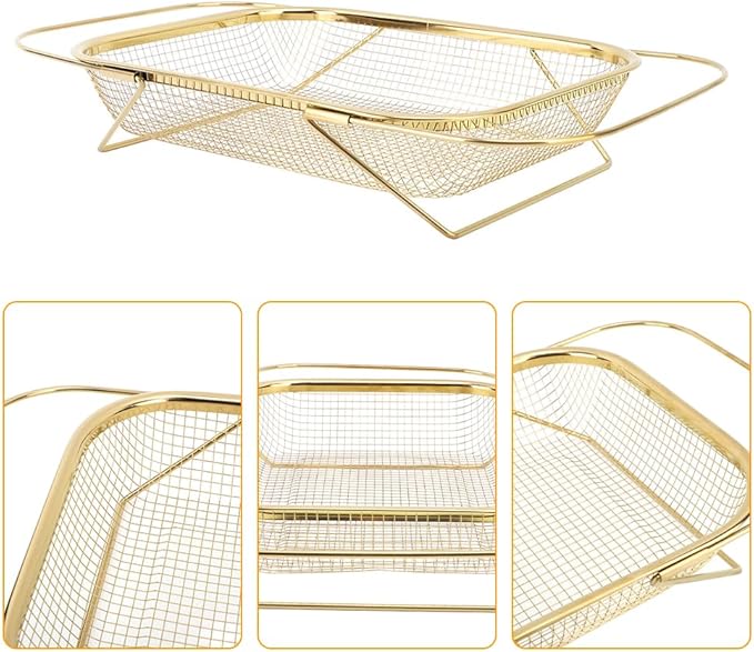 Over the Sink Colander, Expandable Baskets with Fine Mesh Strainer Handle Stainless Steel Rectangle Kitchen Colanders for Strain Drain Rinse Fruits Vegetables Pasta New Home Essentials (Gold)