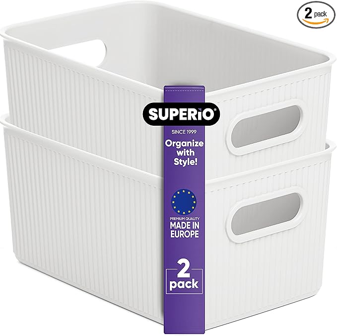 Superio Ribbed Collection - Decorative Plastic Basket Open Home Storage Bins Organizer, Medium White (2 Pack) Container Boxes for Organizing Closet Storage Bins for Shelves Drawer Shelf 5 Liter