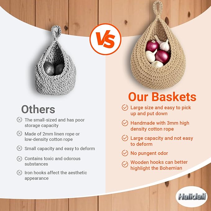 Halidali Hanging Fruit Baskets for Kitchen, 3 Pack Boho Cotton Rope Handwoven Vegetable Storage Wall Mounted Large Organizing Basket for Farmhouse Decor, Onion, Potato, Garlic and Plants (Linen)