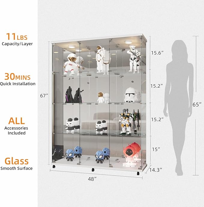 LFT HUIMEI2Y Glass Display Cabinet 12 Shelves with 3 Columns 2 Doors, Mirror Back Panel and Lock, Curio Cabinets Quick-Install Style Tempered Glass Bookshelf for Living Room, Kitchen White