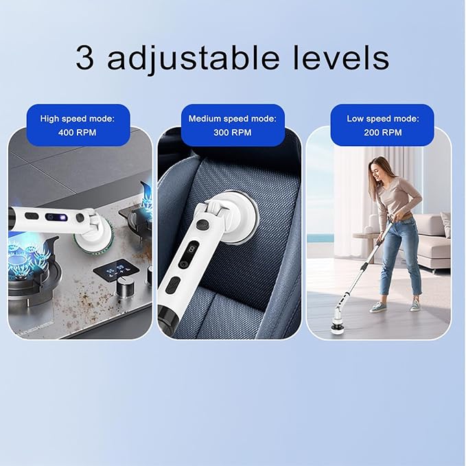 YUYTE Electric Spin Scrubber,Cordless Cleaning Brush with 9 Replaceable Heads,Adjustable Extension Handle, 90 Mins Long Lasting Power for Bathroom, Shower, Tub, Tile, Floor, Car (White)