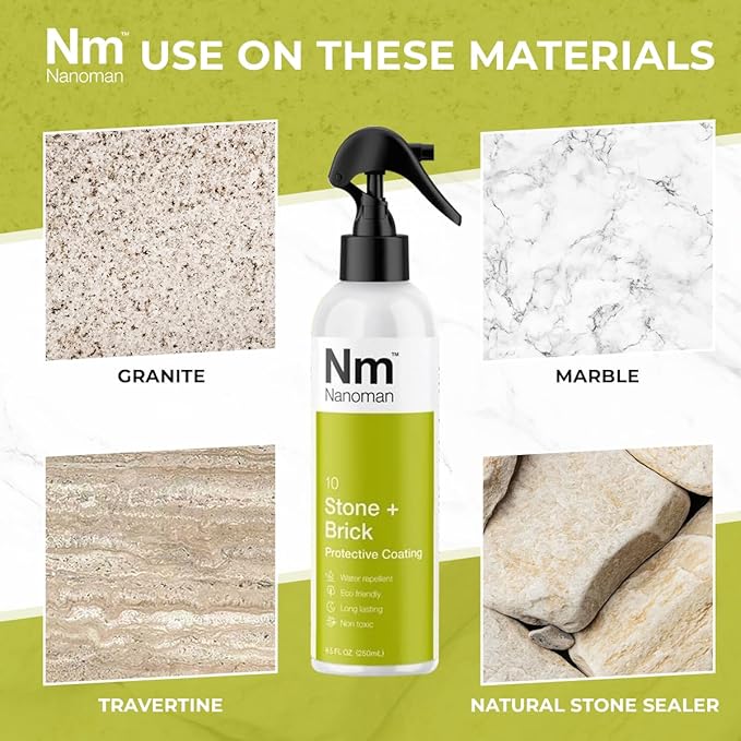 Nanoman Stone and Brick Sealer 8.4 fl oz; Marble Granite Quartz Stone Brick Concrete Grout Sealer and Protectant; Cleaner Sealant Protector & Care Spray for Kitchen and Bathroom Benches and Surfaces