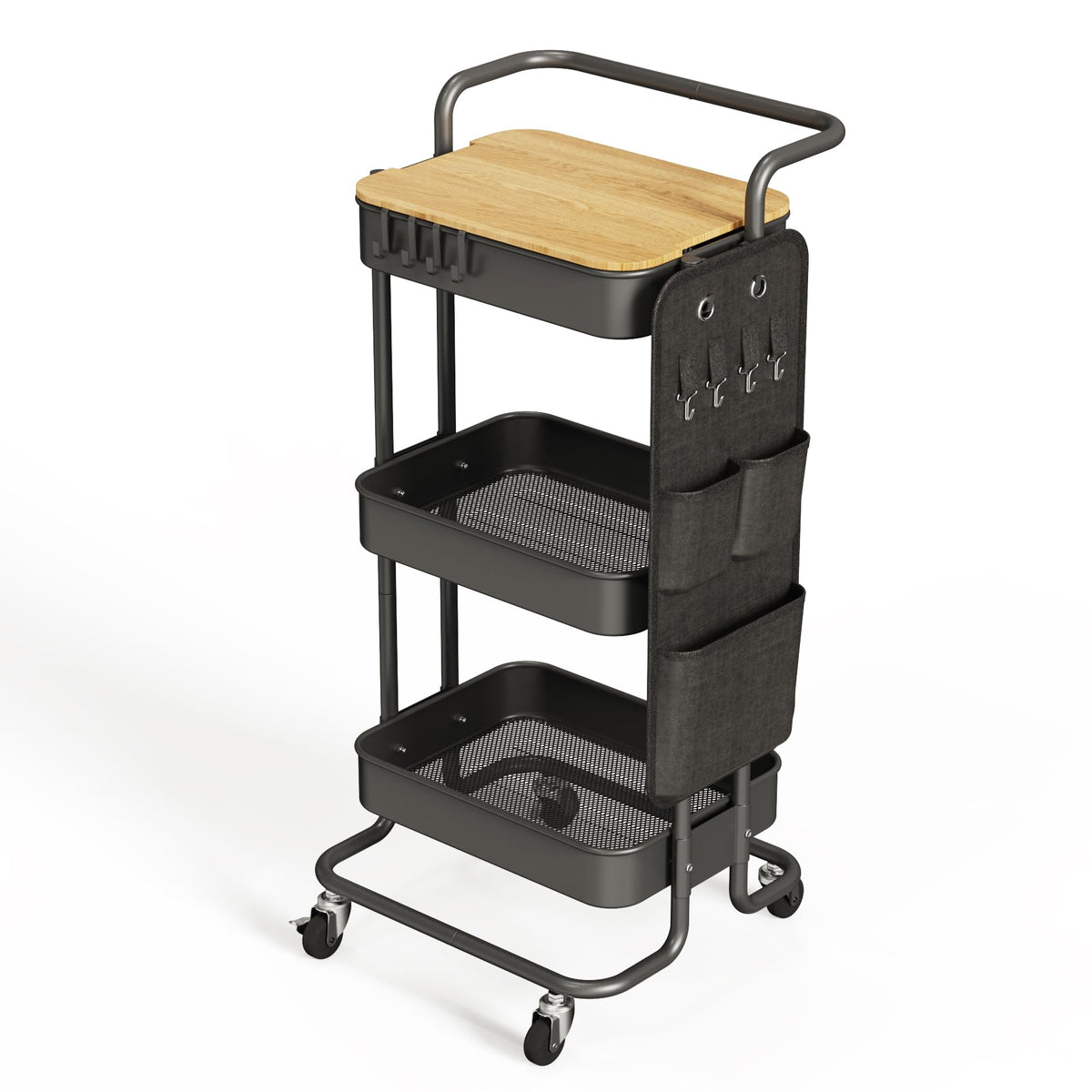 DTK 3 Tier Metal Utility Rolling Cart with Table Top and Side - Image 1