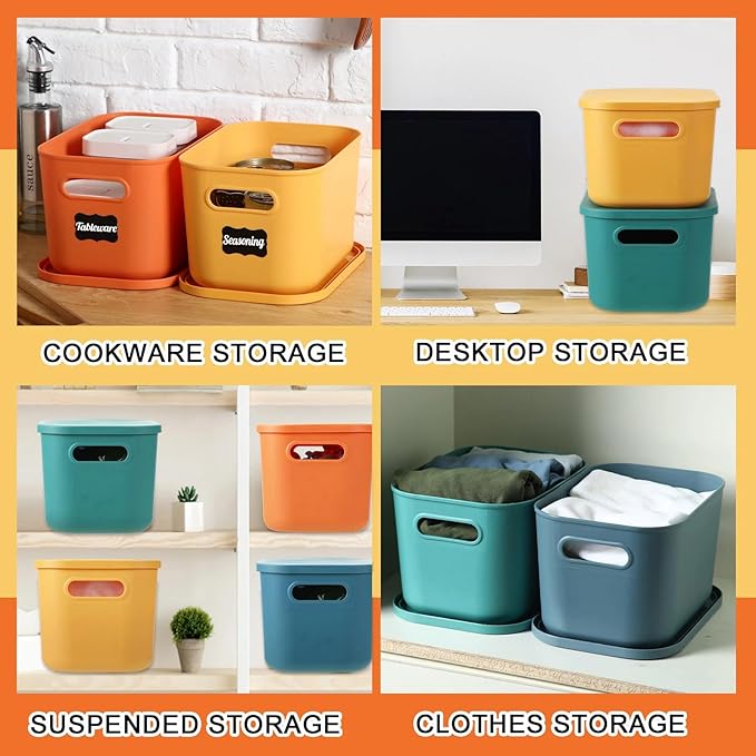 Tanlade 8 Pcs Plastic Storage Bins Stackable Baskets with Lid and Handle Colorful Desktop Storage Box Cubby Containers for Shelf Bedroom Office, Include 1 Erasable Marker, 16 Stickers (10 x 7 x 6 In)