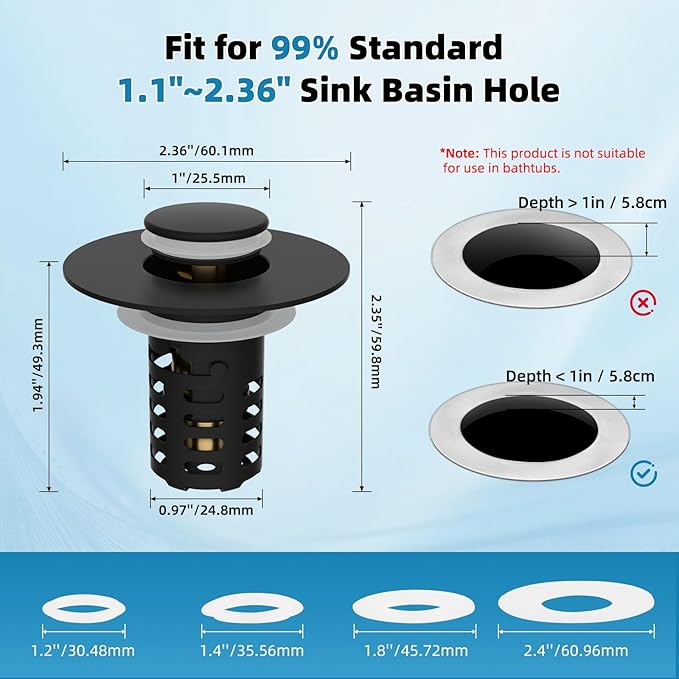 Universal Metal Bathroom Sink Drain Strainer Hair Catcher Upgraded 3 in 1 Pop-up Sink Stopper, with Detachable Stainless Steel Filter Basket, Fit for Standard 1.1''~2.36'' Basin Hole, Matte Black
