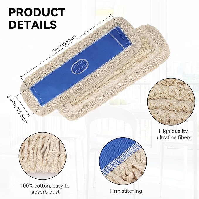 Commercial 24 Inch Dust Mop Head: Replacement Heavy-Duty Sweeper and Janitorial Industrial Dust Mop Head for Floor Cleaning, Office, School, Restaurant, Hospital (3 Pack)