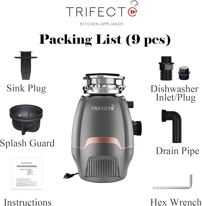 Trifecte Pro 3/4 HP Garbage Disposals with Sound Reduction,Food Waste Coutinuous Feed Garbage Disposal with Power Cord, Dishwasher Hook Up