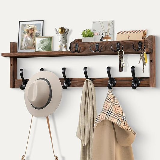 Coat Rack Wall Mount with Shelf, 27.5" Entryway Wall Hanging Shelf, Coat and Key Hanger with 10 Dual Hooks, Mail Organizer and Key Holder Hat Rack for Wall, Wood Coat Hooks with Storage