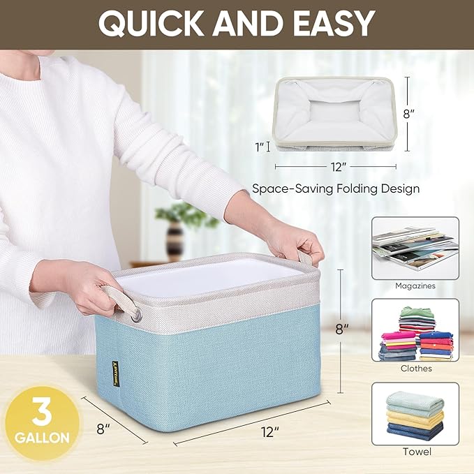 BALEINE 3 Pack Fabric Closet Storage Bins for Shelves, Linen Closet Organizers and Storage, Decorative Baskets for Organizing, Shelf, Clothes, Home, Office (Skyblue, 12"x8"x8")