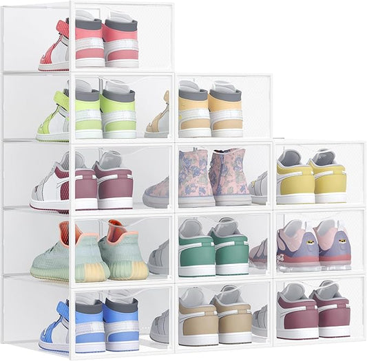 SONGMICS Shoe Boxes, Shoe Storage Organizers Rack for Closet, Plastic Stackable Sneaker Containers Case, 12 Pack, Transparent and Cloud White ULSP312W01