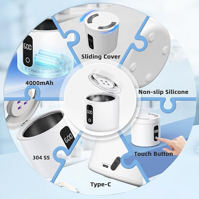 Ultrasonic Retainer Cleaner Machine, Rechargeable Denture Cleaner 4000mAh Battery | 48kHz Ultrasonic Dental Cleaning Pod for Night Guard, Invisalign, Braces, Denture, Toothbrush and Jewelry - White