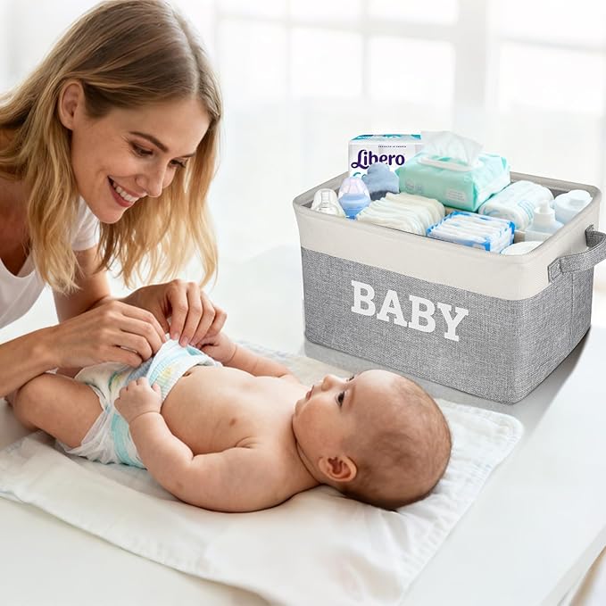 Large Gift Basket Empty 15.5 x 11.6 x 9.4, Baby Storage Basket Shower Gifts for for Newborn Baby Essentials, Diaper Caddy Organizer with Handles, Decorative Baskets for Home Decor Shelves (Style 2)