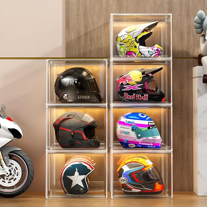 Large Clear Stackable Acrylic Storage Bins with Door, Dustproof Figure Collectibles Display Case, Football & Motorcycle Helmet Showcase, Basketball, Sports Memorabilia Organizer (XL, Count, 3)