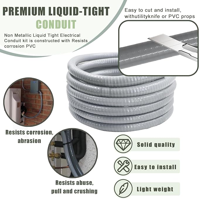 Liquid-Tight Conduit and Connector Kit - 1/2 Inch 75 FT Non Metallic Liquid Tight Electrical Conduit with 5 Straight and 5 Angle Fittings