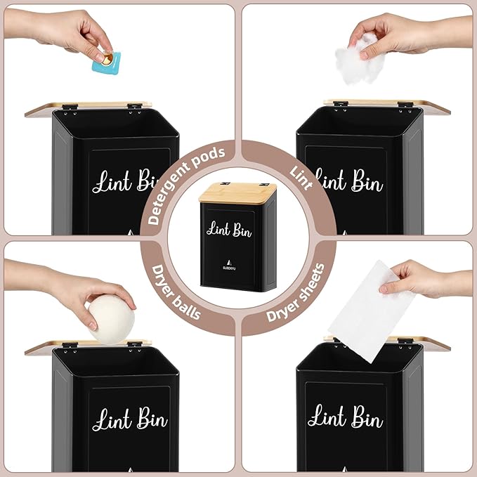 SUBEKYU Metal Magnetic Lint Bin for Laundry Room, Wall Mounted Lint Box Holder with Lid for Dryer,Laundry Room Organization and Storage,Bamboo Lid Lint Basket,Black