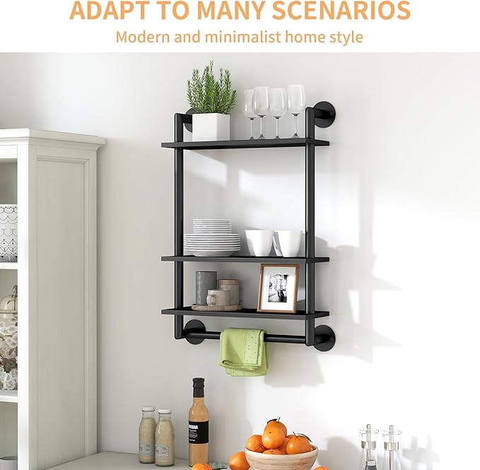 Bathroom Shelves Wall Mounted, 3 Tier Towel Racks with Towel Bar, 26in Stainless Steel Floating Pipe Shelves Over Toilet, Wall Shelves for Bathroom Laundry Room Kitchen Storage