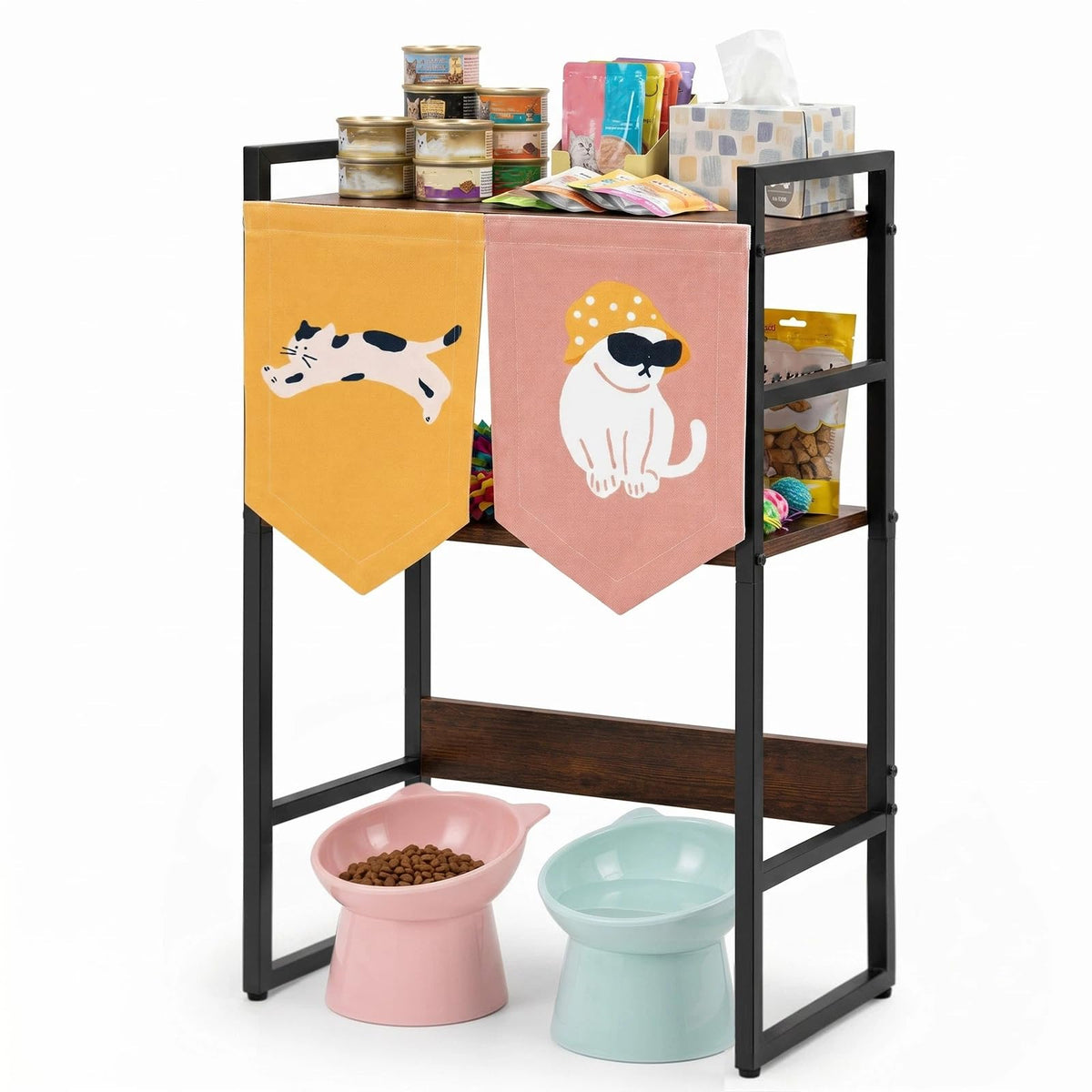 3-tier Cat Feeding Station, Cat Food Storage Shelf with Cute Flag - Image 1