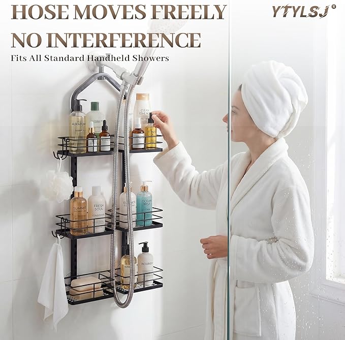 Aluminum Alloy Hanging Shower Caddy for Handheld Shower Heads, 3-Tier Adjustable Shower Rack, Rustproof Hose Hanging Shower Organizer with 2 S-Hooks, Matte Black