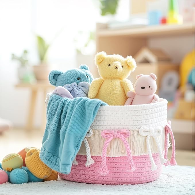 Novabright 3 Pcs Pink Bow Baskets Gifts Coquette Bow Cotton Rope Storage Baskets Round Shelf Organizer Laundry Hamper Storage Bin for Closet Bedroom Nursery Home Decor Baby Shower, 8.27'' x 6.1''