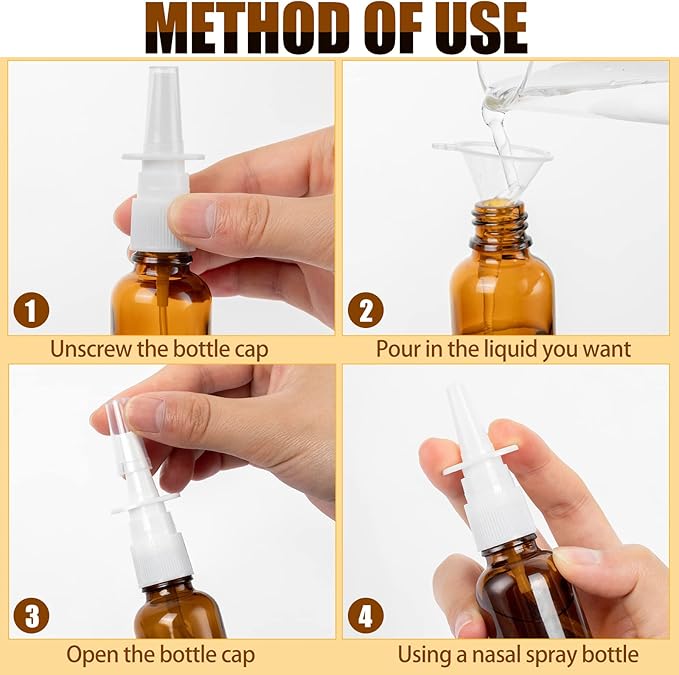 80 Pcs Nasal Spray Bottle Empty, Brown Glass Refillable Fine Mist Nasal Spray Bottles with 16 Funnels and 16 Labels (30ML/1oz)