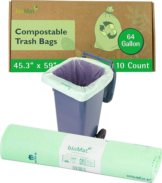 bioMat 64 Gallon Compostable Compost Bin Liners, 10 Count, Extra Large Kitchen Compost bags for Food Waste, BPI ASTM D6400 Certified Kitchen Food Scrap Waste Bags