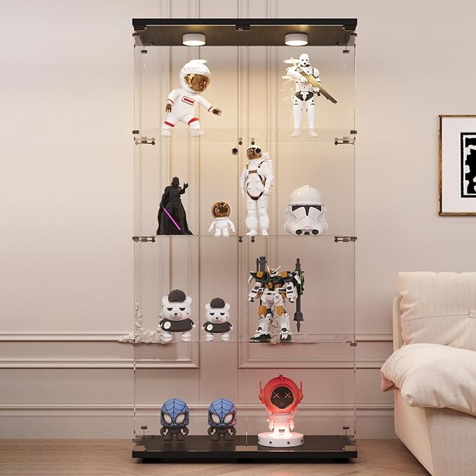 LFT HUIMEI2Y Glass Display Cabinet with LED Lights and Lock, 2 Door Curio Cabinets, Tempered Glass Collection Display Showcase for Bedroom, Living Room 65” Black