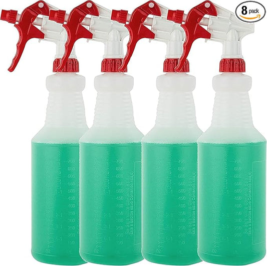 Plastic Spray Bottles Leak Proof Technology Empty 32 oz HDPE Commercial HDPE Heavy duty for cleaning solutions , with measurements , with fully Adjustable , Non-Clogging Nozzle, - 8 Sets
