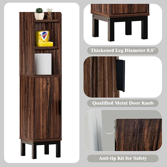 Small Bathroom Storage Cabinet, Corner Floor Cabinet with Door and Shelves, Narrow Toilet Paper Cabinet, Bathroom Organizer with Adjustable Shelf, for Small Spaces (Walnut)