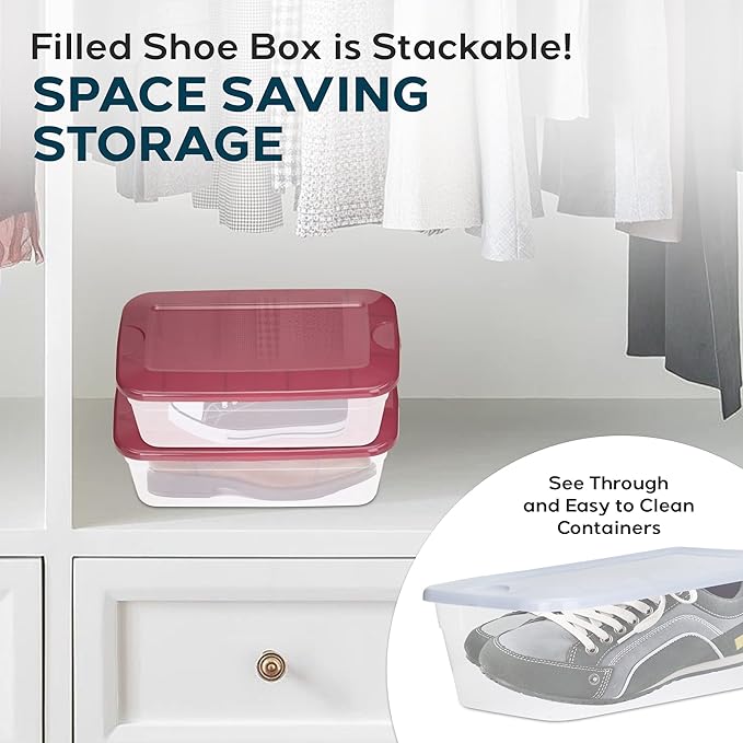 DecorRack 9 Clear Plastic Storage Containers, Shoe Boxes 6 Quart, Stackable, Closet Storage Box, Perfect for Toy Storage, Cat and Dog Food Containers, Assorted Colors (9 Pack)