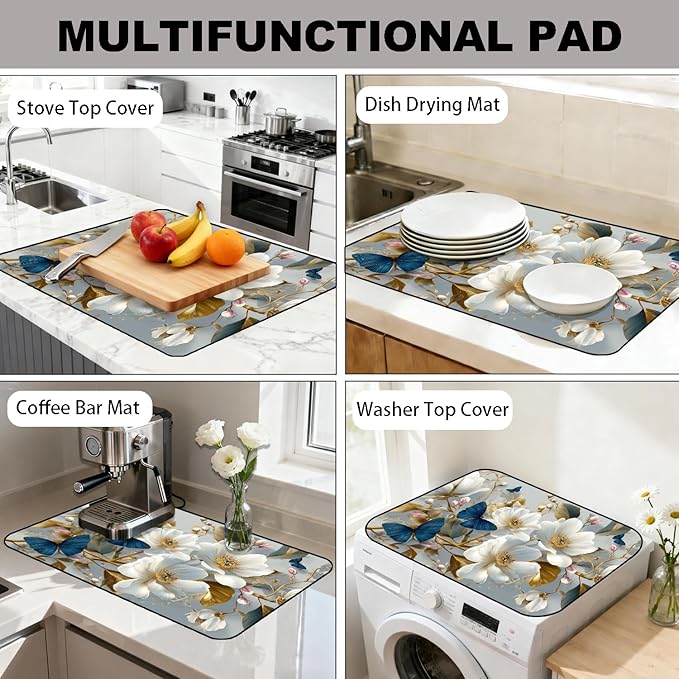 Glass Stove Top Covers for Electric Stove, Heat Resistant Counter Protector Mat, Non Slip Waterproof Surface Cover for Kitchen Counter and Cooktop (White Flowers, 28"L x 20"W)