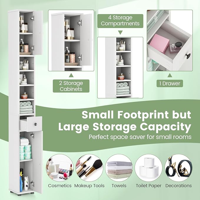 SIMOE Tall Bathroom Storage Cabinet, 32.5lbs Heavy-Duty 8" Slim Narrow Floor Cabinet with 5 Adjustable Shelves & Drawer, 71" Freestanding Skinny Linen Tower for Small Spaces, Moisture-Proof, White