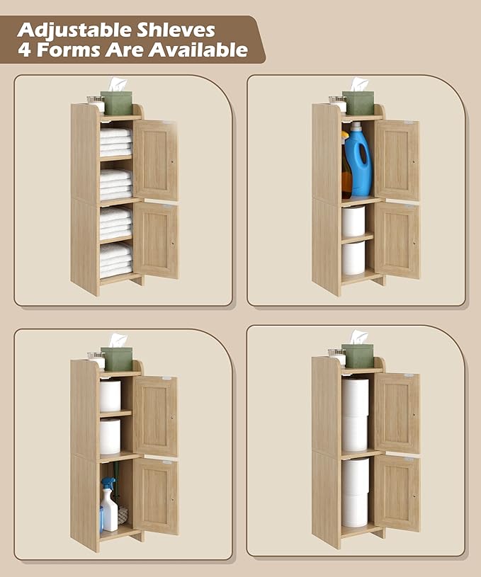 Rattan Small Bathroom Cabinet with 2 Doors, 7.9''D x 7.9''W Narrow Toilet Paper Storage Cabinet, Bathroom Organizer for Small Spaces, Wooden Slim Corner Unit with Adjustable Shelf, Natural Oak