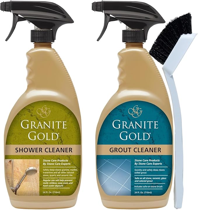 Granite Gold Shower Cleaner Spray Quartz Granite Marble Ceramic Stone Tub Surround Cleaner with Grout Cleaner Spray Stone Ceramic Glass Colored Grout Brush, 24 Ounce