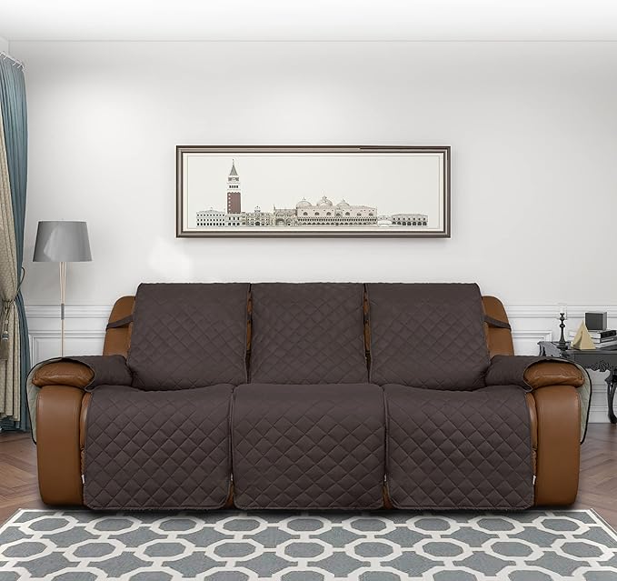 Easy-Going Recliner Sofa Cover, Reversible Couch Cover for 3 Seat Recliner, Split Sofa Cover for Each Seat, Furniture Protector with Elastic Straps for Dogs, Pets(3 Seater, Chocolate/Beige)