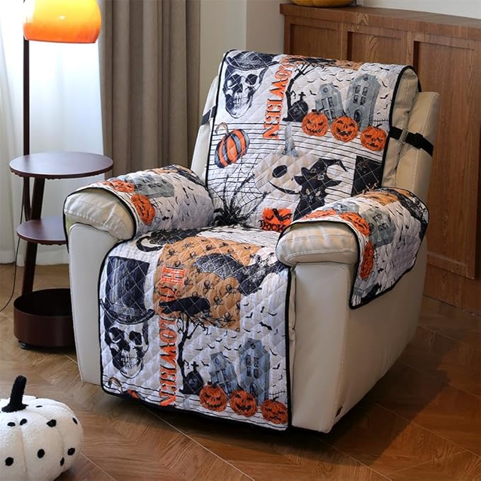 Cmfshape Halloween Skidproof Sofa Cover-Festival Sofa Slipcover with Elastic Straps-Easy Fit Slip Cover-Patchwork Washable Furniture Protector for Pets and Kids(Recliner,Black&Orange)