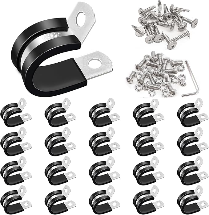 Taiss 40PCS 3/4 Inch Cable Clamps 304 Stainless Steel Rubber Cushion Insulated Wire Clamps,Loop Clamps,Metal Clamp,Pipe Clamps With two kinds of screws,(19mm) F-098-19mm