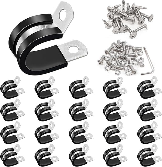 Taiss 40PCS 3/4 Inch Cable Clamps 304 Stainless Steel Rubber Cushion Insulated Wire Clamps,Loop Clamps,Metal Clamp,Pipe Clamps With two kinds of screws,(19mm) F-098-19mm