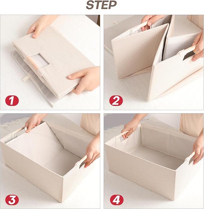 ANMINY 6PCS Storage Baskets for Organizing Collapsible Fabric Storage Bins Boxes with Wood Handles Closet Shelves Cube Organizer Bins Clothes Laundry Storage Container - Small, Beige