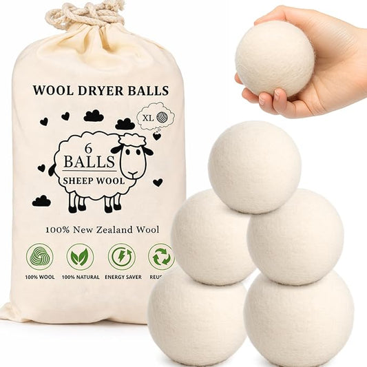 Wool Dryer Balls – 100% New Zealand Wool, Reduces Drying Time, Softens Laundry&Removes Wrinkles, Alternative to Plastic Balls & Natural Fabric Softener, Reusable Eco-Friendly Dryer Balls(Pack of 6 XL)