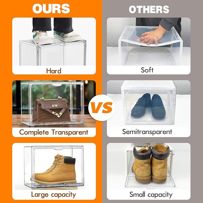12 Pack Acrylic Clear Shoe Storage Boxes Size 12, Transparent Display Case for Sneaker Collections, Baseball Caps, Hat Organizer Dust-free Shoe Cubbies Stackable Sneaker Boxes