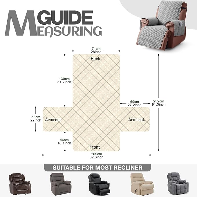 KinCam 100% Waterproof Recliner Chair Cover, Reclining Couch Covers for Pets, Dogs, Recliner Couch Slipcover Furniture Protector with Elastic Straps for Kids(28", Light Gray)